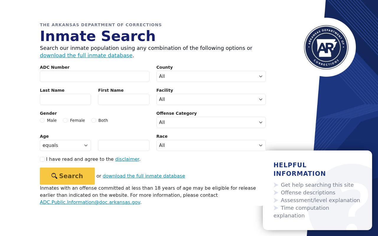 Arkansas Department of Corrections Inmate Search for state custody records