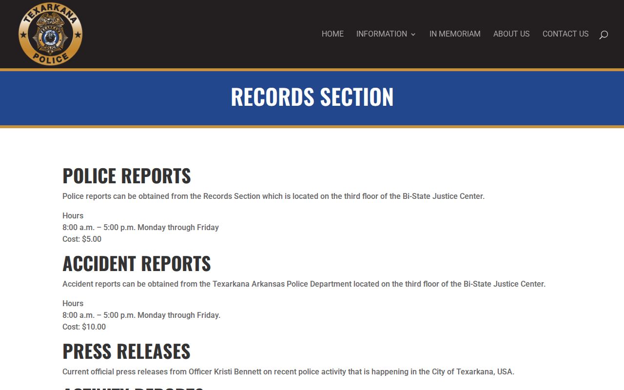Texarkana criminal history and police report counter information